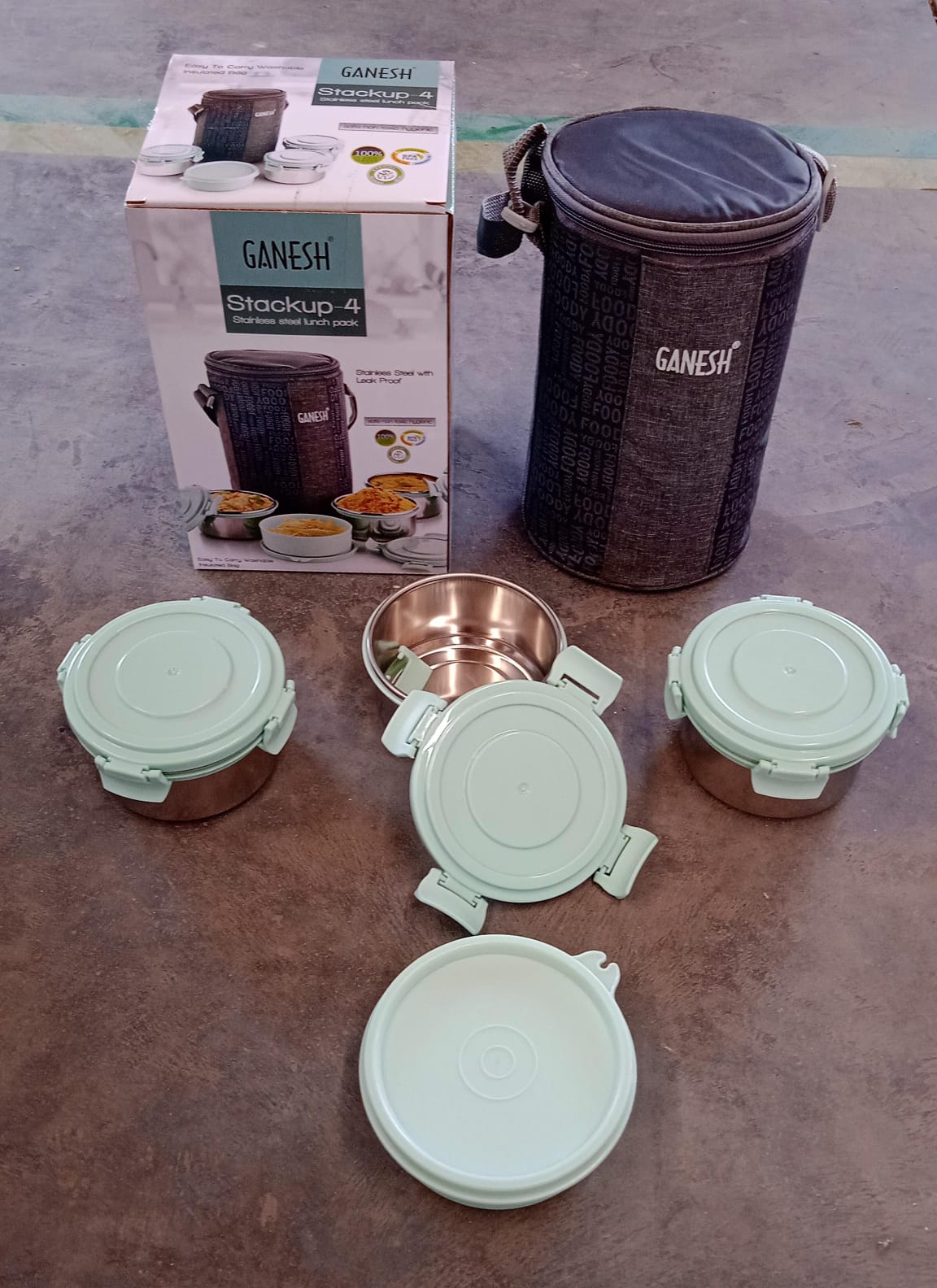 Ganesh 4In1 Tiffin Box-Lunch Box | 3 Stainless Steel Containers 300 Ml Approx & Plastic Salad Container 200 Ml Approx| Plastic lid Box | Round Zip Bag | Leak Proof | Microwave Safe for Office, College and School for Men, Women Ganesh 4In1 Tiffin Box-Lunch Box | 3 Stainless Steel Containers 300 Ml Approx & Plastic Salad Container 200 Ml Approx| Plastic lid Box | Round Zip Bag | Leak Proof | Microwave Safe for Office, College and School for Men, Women